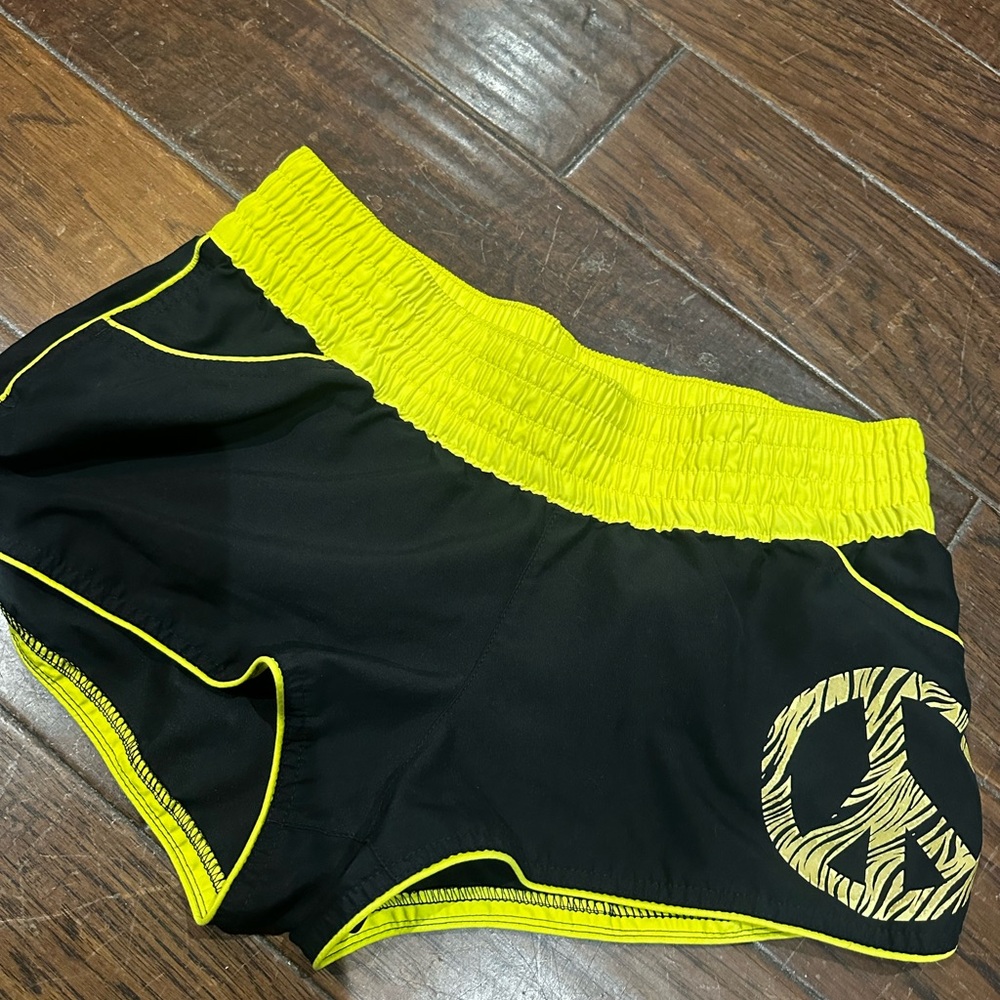 Xhilaration Black Shorts with Neon Yellow Trim Peace Sign Logo Casual Summer Run